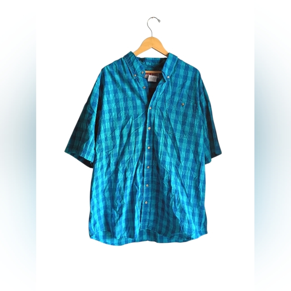 Men's Wrangler Button Down Blue And Teal Plaid Shortsleeve Shirt Size 2XT